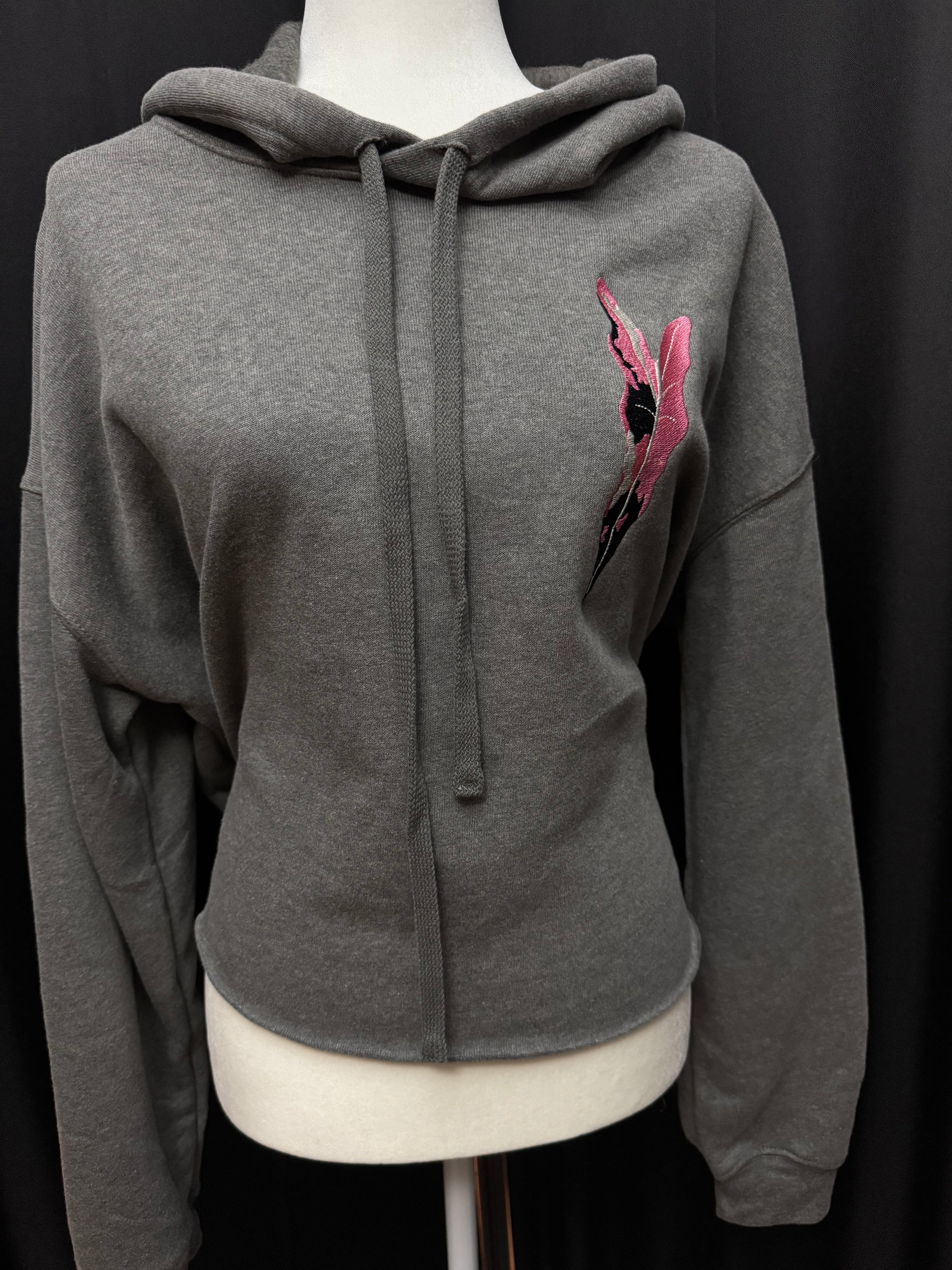 Fleece Hoodie cropped w/ back Design - Embroidered Alocasia Pink Nobilis