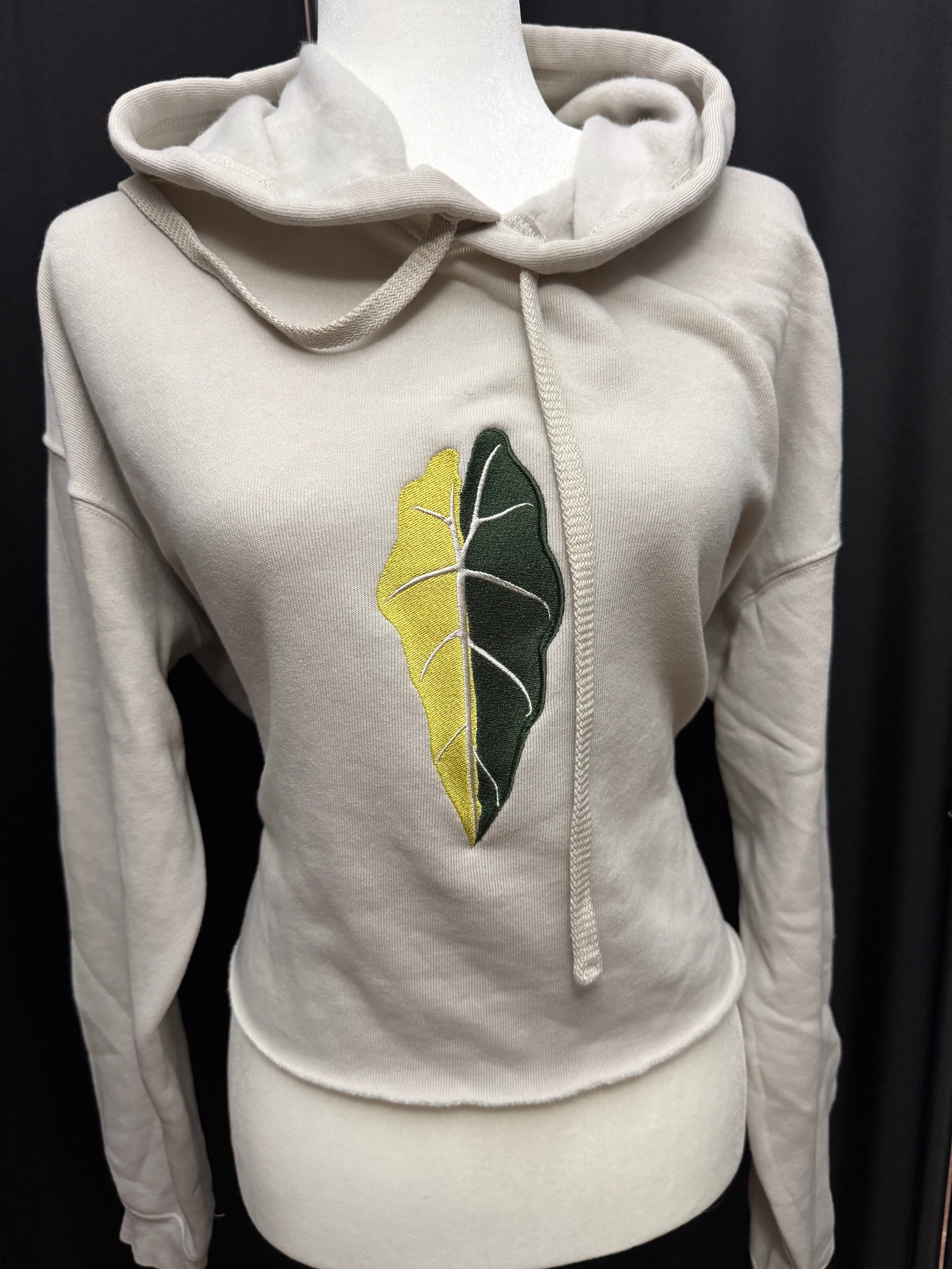 Fleece Hoodie cropped - Embroidered Alocasia Amazonica aurea