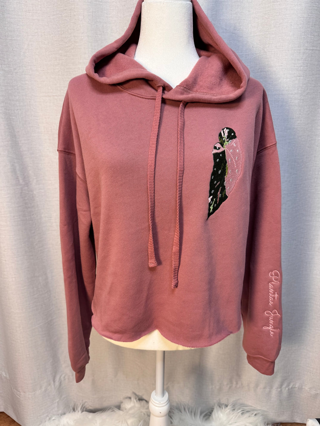Fleece Hoodie cropped - Embroidered Begonia Pink Maculata