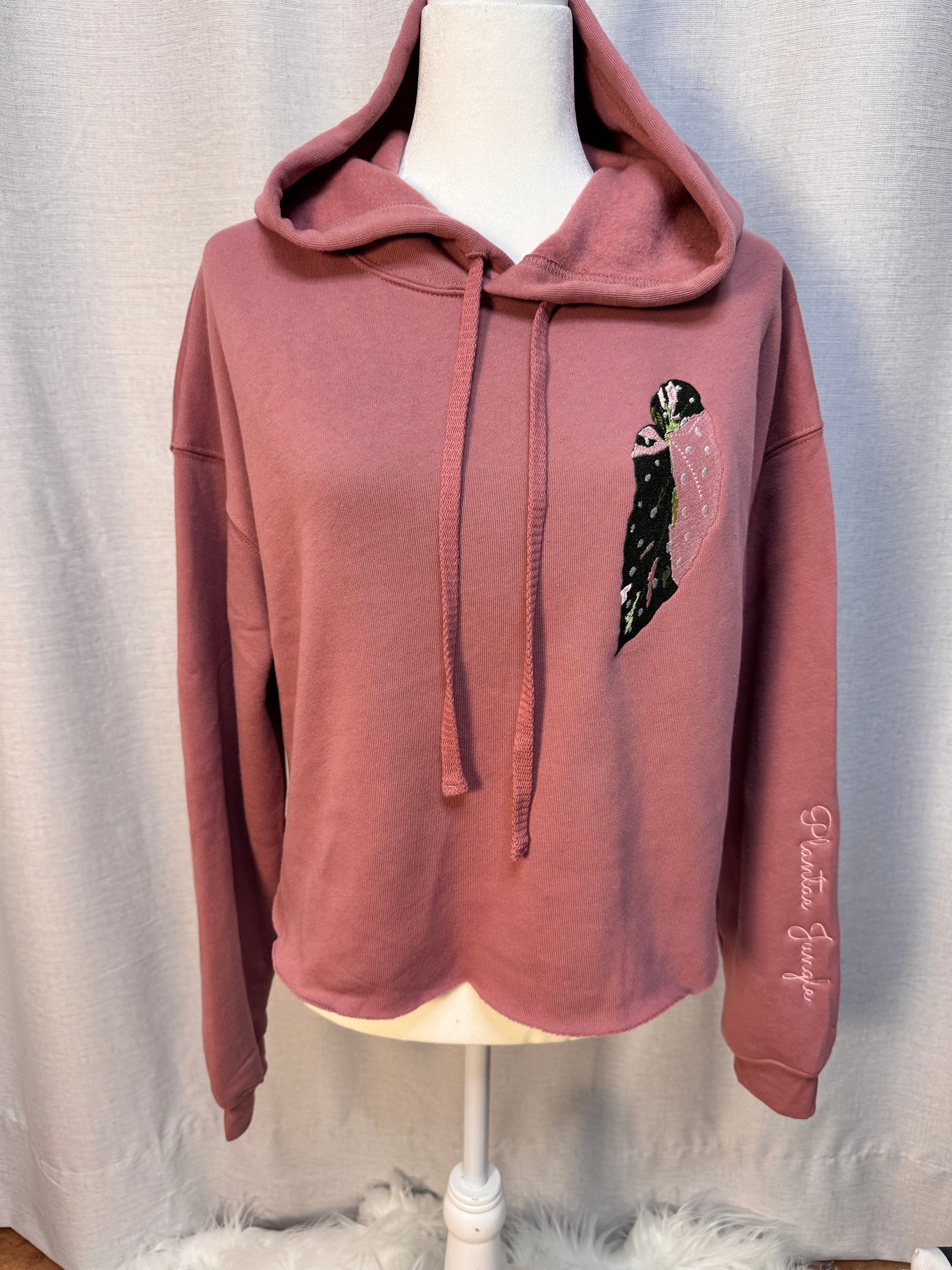 Fleece Hoodie cropped - Embroidered Begonia Pink Maculata